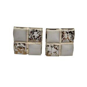 Vintage Gold Tone White Enamel Cufflinks With Square Mosaic Design